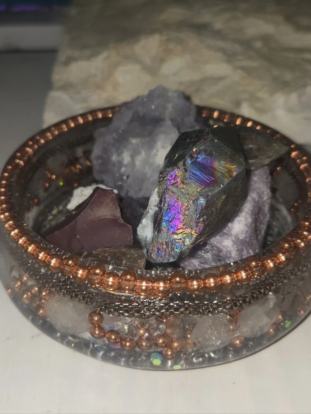 Orgonite Crystal Charging Dish Trinket Tray Copper Quartz & Resin EMF Protection
